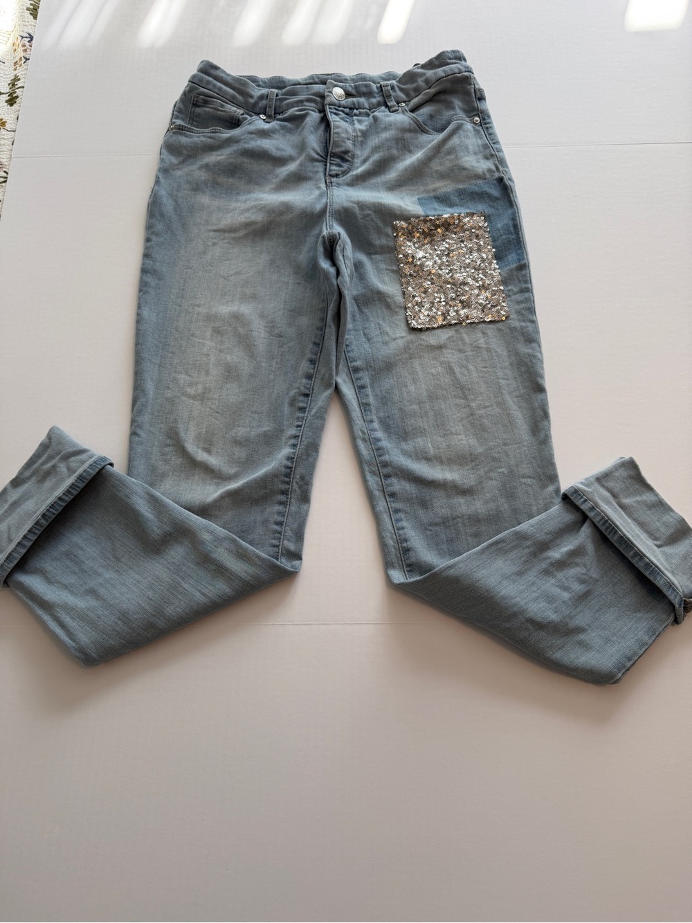 Chico's Light Gray Jeans with Silver Sequin Patch